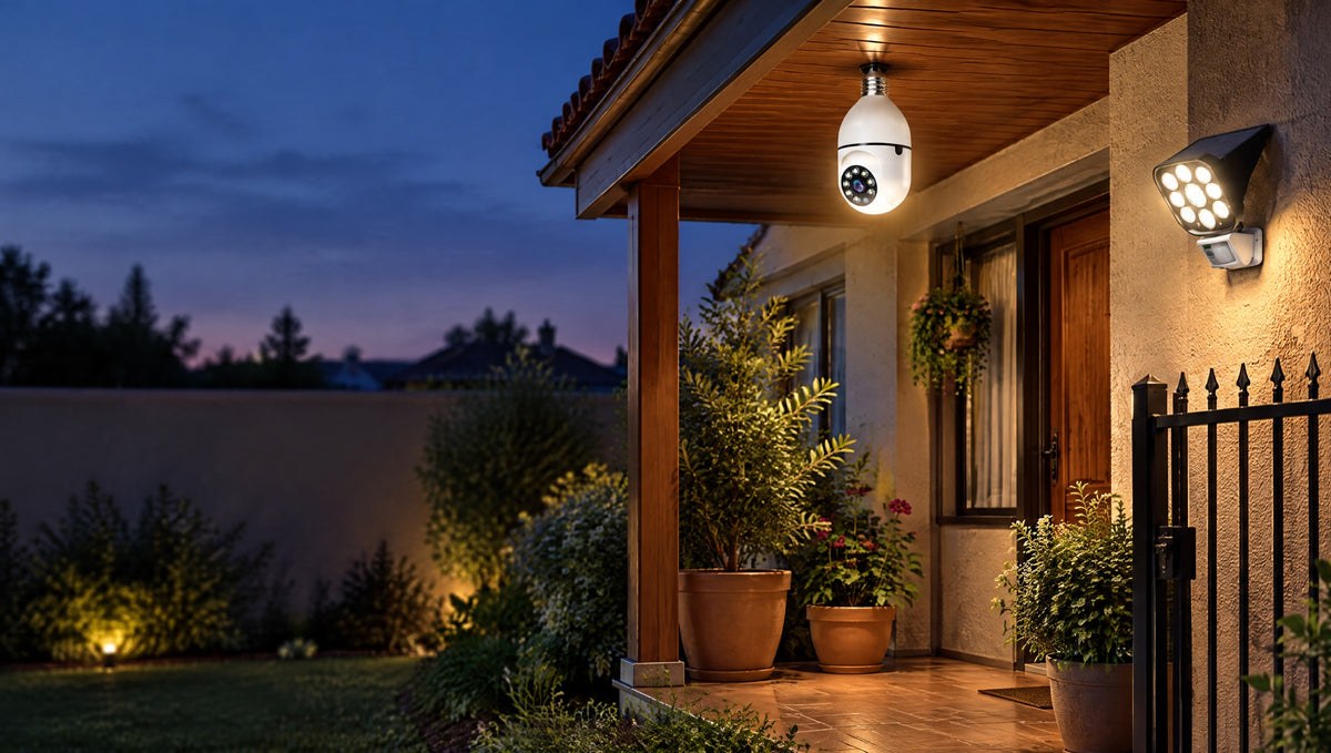 Entrada de una casa al atardecer con ampolleta cámara y foco solar