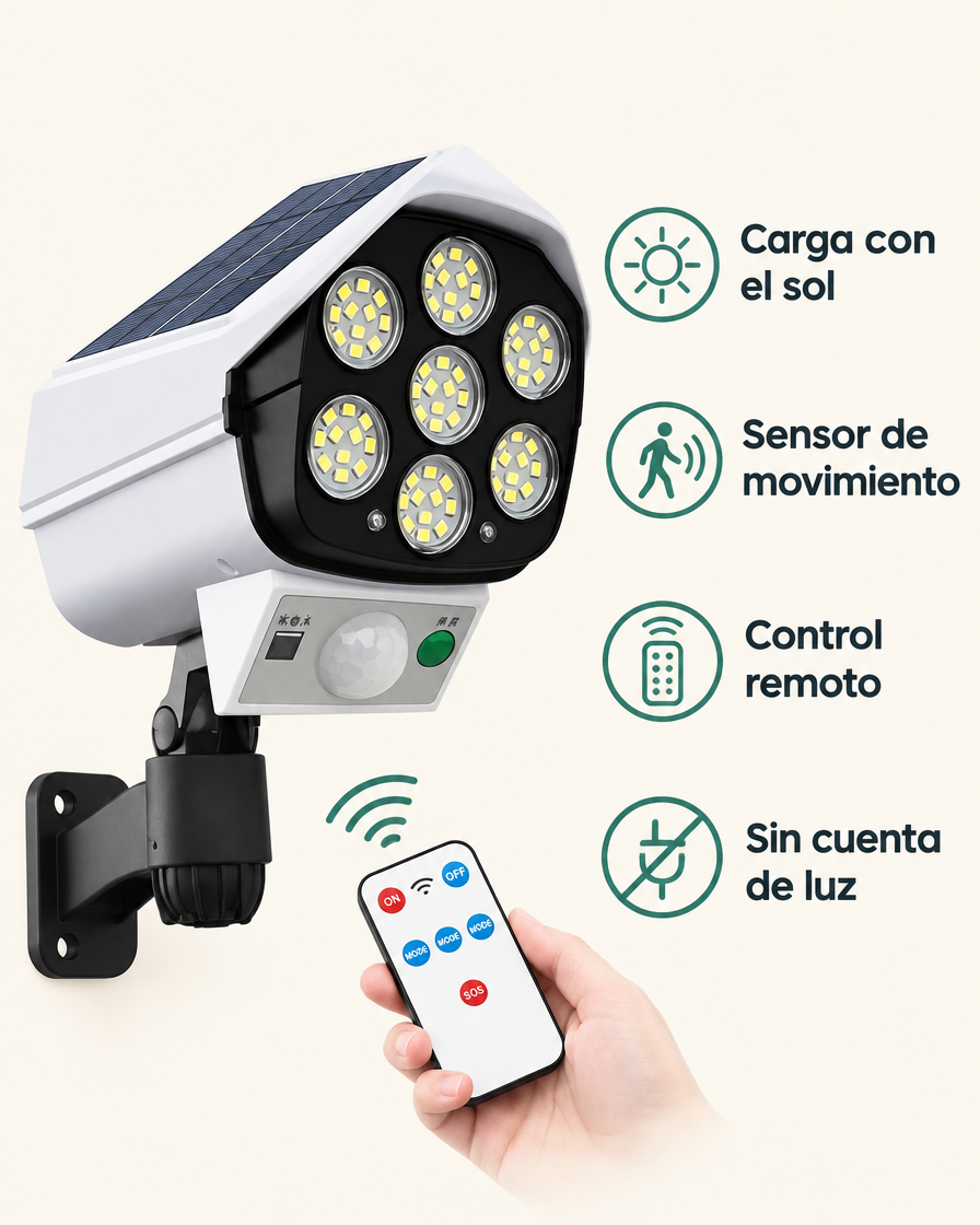Beneficios: carga con el sol, sensor de movimiento, control remoto y sin cuenta de luz