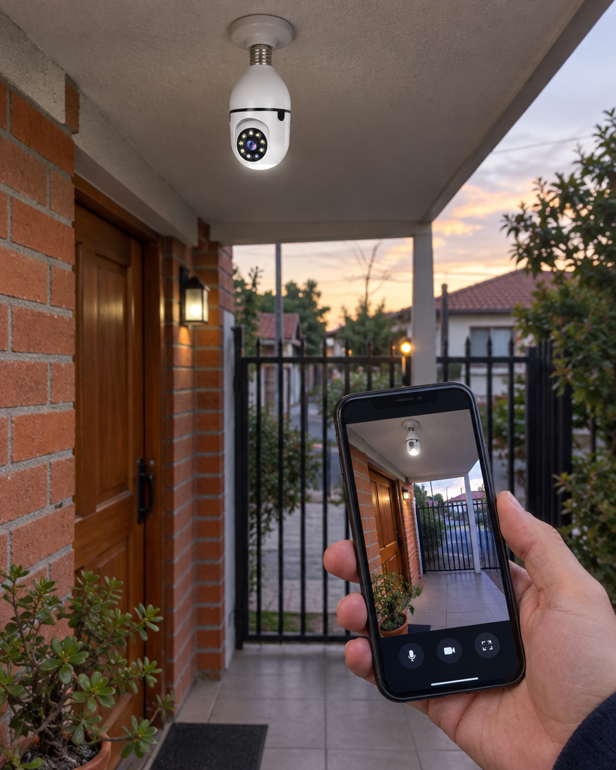 Ampolleta cámara instalada en la entrada de una casa, vista en vivo desde el celular