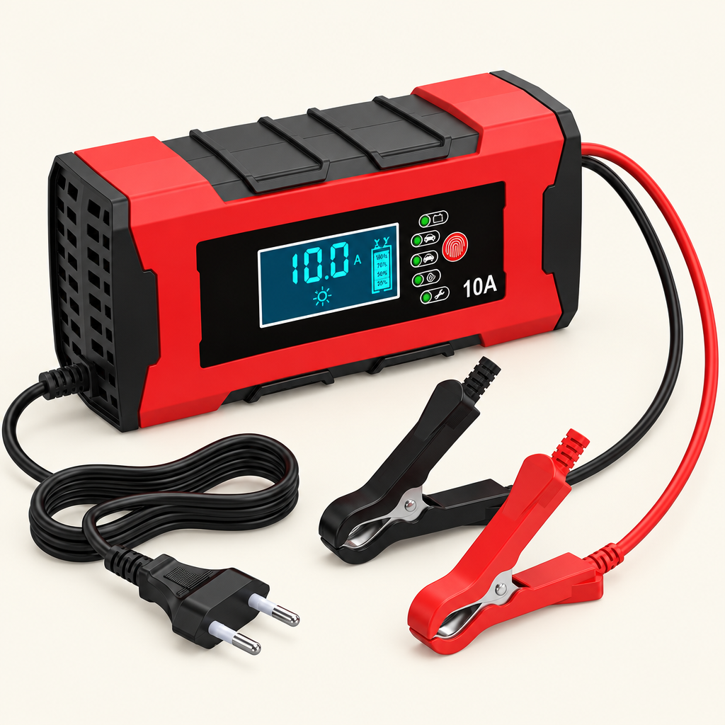 Cargador de batería de auto 12V con pantalla y pinzas